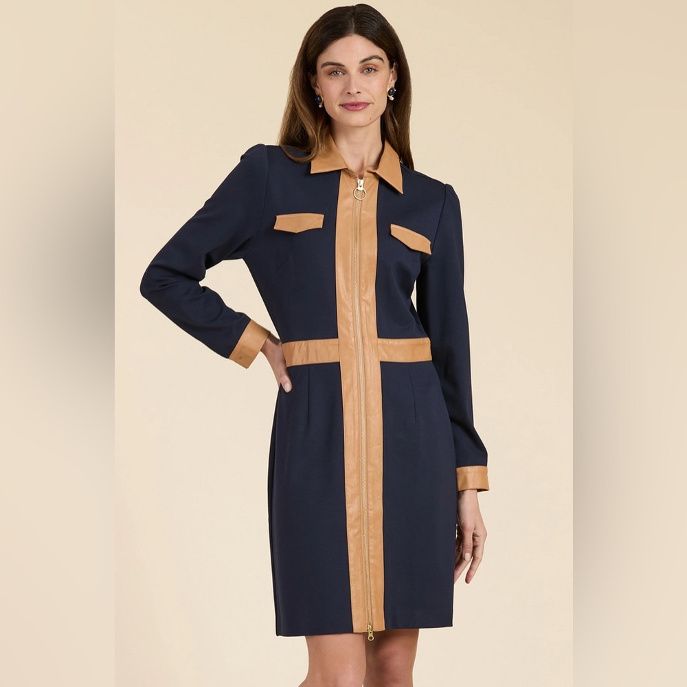 Navy and Tan Tyler Boë Long Sleeve Dress XS